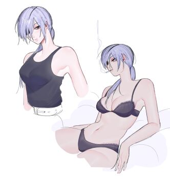 1girl black_bra black_eyes black_panties black_tank_top bra breasts chainsaw_man cigarette eyepatch grey_hair highres im_vess medium_breasts multiple_views navel panties quanxi_(chainsaw_man) smoke smoking tank_top underwear white_background