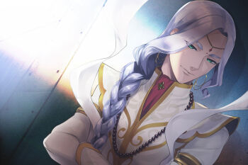 1boy ace_attorney aqua_eyes ascot bead_necklace beads bindi braid brooch circlet coat crossed_arms dutch_angle earrings facial_mark forehead_mark hagoromo hair_over_shoulder head_chain hoop_earrings jewelry light_purple_hair long_hair long_sleeves looking_at_viewer male_focus nahyuta_sahdmadhi necklace parted_bangs phoenix_wright:_ace_attorney_-_spirit_of_justice red_ascot reiji000 shawl sidelighting single_braid sleeve_cuffs solo thick_eyebrows upper_body white_coat