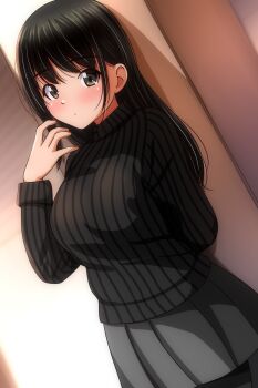 1girl absurdres arm_behind_back black_hair black_pantyhose black_sweater blush breasts brown_eyes closed_mouth commentary_request dot_mouth grey_skirt highres indoors large_breasts long_hair long_sleeves looking_at_viewer matsunaga_kouyou original pantyhose pleated_skirt ribbed_sweater sidelocks skirt solo standing sweater turtleneck turtleneck_sweater