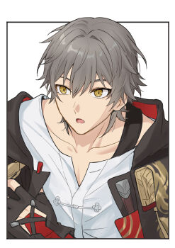Rule 34 | 1boy, absurdres, black gloves, black jacket, border, caelus (honkai: star rail), caelus (vim and vigor) (honkai: star rail), chinese clothes, collarbone, commentary request, fingerless gloves, gloves, grey hair, hair between eyes, hand up, highres, honkai: star rail, honkai (series), hood, hooded jacket, jacket, long sleeves, looking to the side, male focus, official alternate costume, open clothes, open jacket, open mouth, outside border, red jacket, rune (rne at), shirt, short hair, simple background, solo, tongue, trailblazer (honkai: star rail), two-sided fabric, two-sided jacket, upper body, white background, white border, white shirt, yellow eyes