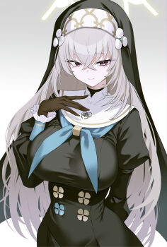 1girl absurdres bine_kun black_dress black_veil blue_archive commentary crossed_bangs dress english_commentary gloved_sleeves grey_hair halo hand_on_own_chest highres juliet_sleeves long_hair long_sleeves looking_at_viewer nun nun_headdress puffy_sleeves sakurako_(blue_archive) solo taut_clothes taut_dress trinity_general_school_logo veil yellow_halo