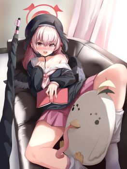 Rule 34 | 1girl, absurdres, black hat, black shirt, black wings, blue archive, blush, book, breasts, couch, feathered wings, gun, halo, hashtag-only commentary, hat, head wings, highres, holding, holding book, indoors, kneehighs, koharu (blue archive), long hair, looking at viewer, low wings, neckerchief, on couch, open mouth, peroro (blue archive), pharamacom, pink eyes, pink hair, pink neckerchief, pink skirt, red halo, rifle, sailor collar, shirt, single bare shoulder, skirt, small breasts, socks, solo, twintails, weapon, white sailor collar, white socks, wings