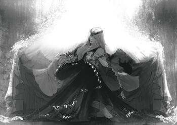 1girl 2boys absurdres armlet barefoot blonde_hair bracelet braid braided_ponytail breasts child circlet cleavage closed_eyes closed_mouth commentary crossed_legs curtains cushion dress elden_ring english_commentary full_body gold_bracelet grey_dress grey_hair grey_horns grey_robe greyscale hand_on_another's_back hand_on_another's_head hand_on_another's_thigh highres horns jewelry large_breasts leaning_to_the_side long_hair long_sleeves lying mature_female mohg_lord_of_blood monochrome morgott_the_omen_king mother_and_son multiple_boys mur_(murmuro0) on_stomach queen_marika_the_eternal robe short_hair single_braid sitting sleeping sleeveless sleeveless_dress sleeves_past_wrists tail very_long_hair