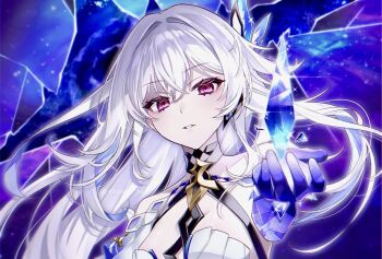 1girl bare_shoulders black_choker choker commentary_request crystal earrings genshin_impact hair_between_eyes hair_intakes hair_ornament halterneck jewelry long_hair looking_at_viewer parted_lips prosthesis prosthetic_arm red_eyes single_earring skirk_(genshin_impact) solo syarou twitter_username upper_body white_hair