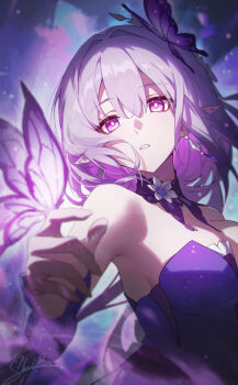 1girl absurdres bare_shoulders breasts bug butterfly butterfly_hair_ornament butterfly_on_hand castorice_(gossamer_flutter)_(honkai:_star_rail) castorice_(honkai:_star_rail) chinese_commentary commentary_request detached_collar dress earrings hair_intakes hair_ornament highres honkai:_star_rail honkai_(series) insect jewelry long_hair looking_at_animal looking_to_the_side medium_breasts official_alternate_costume parted_lips pointy_ears purple_butterfly purple_dress purple_eyes purple_hair shali signature solo strapless strapless_dress turning_head upper_body