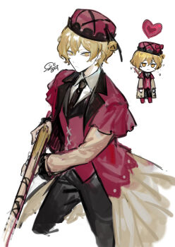 1boy bell black_necktie black_pants blonde_hair closed_mouth coat commentary_request e.g.o_(project_moon) frilled_hat frills gun hair_bell hair_ornament hat highres holding holding_weapon jingle_bell laetitia_(e.g.o) limbus_company lobotomy_corporation lobotomy_corporation_(identity)_(project_moon) multiple_views necktie nishikujic pants pink_coat pink_hat pink_vest project_moon rifle shirt sinclair_(project_moon) vest weapon white_shirt white_sleeves yellow_eyes