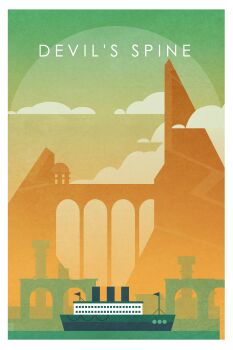 absurdres arch border bridge cliff cloud cloudy_sky column day dredge_(video_game) english_text highres landscape mountain no_humans non-web_source ocean official_art outdoors path pillar place_name road ruins sailing scenery ship sky watercraft white_border