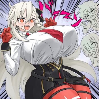 1boy 2girls black-framed_eyewear blush braid breasts chaldea_uniform commentary_request earrings fate/grand_order fate_(series) fujimaru_ritsuka_(male) gloves hair_over_one_eye hair_ribbon high-waist_skirt huge_breasts jewelry long_hair long_sleeves mash_kyrielight multiple_girls necktie olga_marie_animusphere olga_marie_animusphere_(unbeast) open_mouth orange_gloves orange_pantyhose oro_(zetsubou_girl) pantyhose red_necktie ribbon shirt short_hair skirt smile very_long_hair white_hair