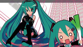2girls 3d abstract_background absurdres animasa_model_(mikumikudance) aqua_eyes aqua_hair aqua_necktie bare_shoulders black_sleeves blush_stickers boots detached_sleeves dual_persona food grey_shirt hachune_miku hair_between_eyes hair_ornament hatsune_miku headphones headset highres holding holding_food holding_spring_onion holding_vegetable kio_(majin_kz) long_hair looking_at_viewer mikumikudance_(medium) multiple_girls necktie number_tattoo o_o open_mouth shirt skirt sleeveless sleeveless_shirt smile spring_onion tattoo thigh_boots twintails variant_set vegetable very_long_hair vocaloid