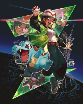 Rule 34 | 1girl, :d, absurdres, breasts, brown eyes, brown hair, commentary, denim, gen 2 pokemon, green jacket, harmony (pokemon), hat, highres, holding, holding poke ball, jacket, jeans, kornart, long sleeves, looking at viewer, medium breasts, nintendo, open clothes, open jacket, open mouth, pants, poke ball, poke ball (basic), pokemon, pokemon (creature), pokemon legends: z-a, shirt, short hair, smile, solo focus, teeth, totodile, trilby, upper teeth only, white hat, white shirt