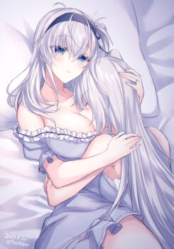 2girls alternate_costume bed_sheet black_hairband blue_eyes breasts closing_eyes fuyutsuki_(kancolle) grey_hair hairband highres hug jewelry kabocha_torute kantai_collection large_breasts long_hair multiple_girls pajamas pillow ring side_ponytail suzutsuki_(kancolle) very_long_hair yuri