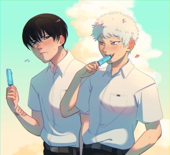 Rule 34 | 2boys, adam's apple, belt, black hair, black pants, blush, closed mouth, collared shirt, commentary, eating, english commentary, fang, food, grey belt, grey eyes, heart, highres, hikaru ga shinda natsu, holding, holding food, holding popsicle, hot, indou hikaru, looking at another, maethoriann, male focus, melting popsicle, mole, mole on arm, mole on cheek, mole under eye, mole under mouth, multiple boys, multiple moles, nose blush, pants, popsicle, red pupils, scar, scar on arm, scar on neck, shirt, shirt tucked in, short eyebrows, short hair, short sleeves, slit pupils, sweat, teeth, tsujinaka yoshiki, white hair, white shirt, yaoi