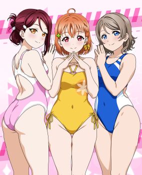 Rule 34 | 3girls, 6kan, adapted costume, ahoge, alternate costume, ass, blue eyes, blue one-piece swimsuit, braid, breasts, casual one-piece swimsuit, commentary request, commission, competition swimsuit, folded ponytail, grey hair, highres, love live!, love live! sunshine!!, multiple girls, official alternate costume, one-piece swimsuit, orange eyes, orange hair, pink one-piece swimsuit, pixiv commission, racerback, red eyes, red hair, sakurauchi riko, side-tie swimsuit, single braid, small breasts, smile, swimsuit, takami chika, watanabe you, yellow one-piece swimsuit