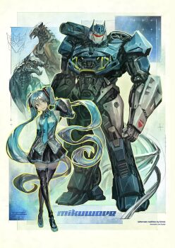 1girl 3others absurdres aqua_eyes aqua_hair aqua_necktie bare_shoulders black_sleeves blue_eyes blue_hair breasts decepticon detached_sleeves gun hair_between_eyes hair_ornament hatsune_miku highres long_hair looking_at_viewer multiple_others necktie non-humanoid_robot red_eyes robot robot_animal science_fiction shirt skirt sleeveless sleeveless_shirt smile subakeye thighhighs transformers twintails very_long_hair vocaloid weapon