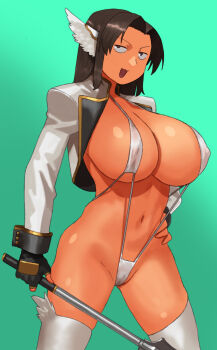 1girl :3 black_gloves black_hair cameltoe commentary_request covered_erect_nipples cowboy_shot fingerless_gloves gloves hand_on_own_hip head_wings highres holding holding_mace holding_weapon jacket mace mutou_yoshiko narisokonai open_mouth original slingshot_swimsuit smile solo swimsuit thighhighs weapon white_jacket white_slingshot_swimsuit white_thighhighs wings