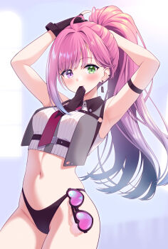 1girl absurdres ahoge arm_strap black_gloves black_panties blush breasts chest_harness commentary cowboy_shot crop_top cropped_vest earrings eyewear_hang fingerless_gloves floating_hair gloves green_eyes grey_vest harness heart heart-shaped_eyewear heterochromia high_ponytail highres himemori_luna himemori_luna_(streetwear) hololive jewelry long_hair looking_at_viewer medium_breasts mouth_hold navel necktie no_pants o-ring official_alternate_costume official_alternate_hairstyle panties pink-tinted_eyewear pink_hair ponytail red_necktie shirt solo ssaaggwwaa standing sunglasses symbol-only_commentary tinted_eyewear tying_hair underwear unworn_eyewear very_long_hair vest virtual_youtuber white_shirt