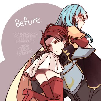 Rule 34 | 1boy, 1girl, 2025, aqua eyes, aqua hair, armor, black capelet, black shirt, boots, breastplate, breasts, cape, capelet, carrying, carrying over shoulder, carrying person, censored, commentary request, eirika (fire emblem), english text, fingerless gloves, fire emblem, fire emblem: the sacred stones, frown, gloves, grey armor, grey background, long hair, long sleeves, nintendo, parted bangs, partially shaded face, red boots, red eyes, red gloves, red hair, red shirt, sayu030b, seth (fire emblem), shirt, short hair, short sleeves, shoulder armor, skirt, small breasts, sweat, thigh boots, thighhighs, two-tone background, watermark, white background, white skirt, yellow armor, yellow cape, zettai ryouiki