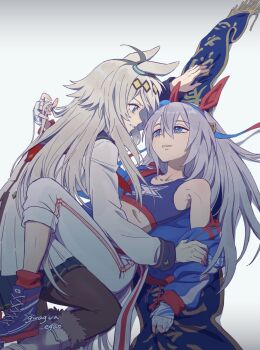 2girls ahoge animal_ears belt blue_eyes blue_hairband blue_jacket blue_sailor_collar blue_skirt blue_sports_bra breasts collarbone crop_top ear_covers fingerless_gloves giragira_egao gloves grey_hair grey_tail hair_between_eyes hairband headband highres horse_ears horse_girl horse_tail jacket lightning_bolt_print lightning_bolt_symbol long_hair long_sleeves looking_at_viewer midriff multiple_girls neckerchief oguri_cap_(starlight_beat)_(umamusume) oguri_cap_(umamusume) pants parted_lips pleated_skirt red_belt red_headband red_neckerchief sailor_collar skirt small_breasts sports_bra striped_clothes striped_hairband tail tamamo_cross_(umamusume) tamamo_cross_(with_lightning_speed)_(umamusume) umamusume umamusume:_cinderella_gray very_long_hair white_jacket white_pants yuri