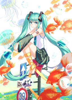 1girl absurdly_long_hair aqua_eyes aqua_hair aqua_trim bare_shoulders barefoot black_skirt black_sleeves bubble closed_mouth collared_shirt commentary detached_sleeves feet fish full_body goldfish hair_ornament hatsune_miku highres jellyfish legs_up long_hair long_sleeves looking_at_viewer number_tattoo on_top_of_pole outstretched_arms pleated_skirt ribbon road_sign ruda_(ruda_e) shirt shoulder_tattoo sign sitting skirt solo stop_sign tattoo twintails very_long_hair vocaloid white_shirt yellow_ribbon