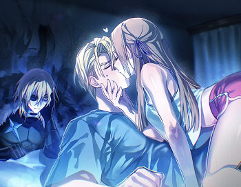 Rule 34 | 1girl, 2boys, alternate costume, alternate universe, angry, bare arms, bare shoulders, bent over, blonde hair, blue cape, blue shirt, blurry, blurry background, blush, breasts, brown hair, cape, closed eyes, closed mouth, commentary request, contemporary, couple, dark room, dimitri alexandre blaiddyd, dimitri alexandre blaiddyd (timeskip), dual persona, edelgard von hresvelg, elbow rest, eyepatch, fire emblem, fire emblem: three houses, fur trim, girl on top, hair between eyes, hair ribbon, hand on own head, heart, hetero, highres, imminent kiss, indoors, leaning back, leaning forward, long hair, lying, messy hair, multiple boys, nervous, nintendo, on back, purple ribbon, ribbon, shade, shaded face, shirt, short hair, short sleeves, shorts, sleeveless, small breasts, soma otakuu, sweatdrop, thighs