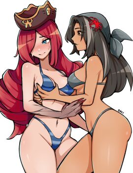 2girls averting_eyes bikini black_eyes black_hair blue_bikini blue_eyes blush breasts brown_hat closed_mouth commentary commission cowboy_shot cracked_skin english_commentary fingernails flower grabbing_another&#039;s_breast grey_bikini groping hair_flower hair_ornament hat highleg highleg_bikini highres long_fingernails long_hair looking_at_another medium_breasts multiple_girls navel oninuer original parted_bangs red_flower red_hair red_nails simple_background smile spider_lily striped_bikini striped_clothes swimsuit white_background yuri