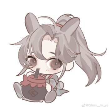 1boy ahoge alcohol animal_ears black_boots black_hanfu blush boots brown_eyes brown_hair chibi chibi_only chinese_clothes cup disposable_cup drinking drinking_straw drinking_straw_in_mouth full_body hanfu highres holding holding_jug jug_(bottle) kemonomimi_mode long_hair long_sleeves looking_at_viewer male_focus modao_zushi ojisan_rbt parted_bangs ponytail rabbit_boy rabbit_ears rabbit_tail sidelocks simple_background sitting solo tail watermark wei_wuxian weibo_watermark white_background