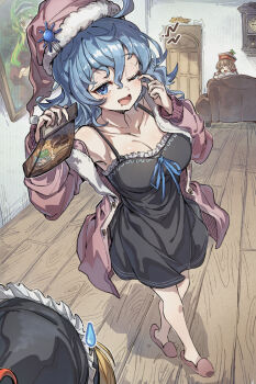 black_nightgown blonde_hair blue_eyes blue_hair blush breasts brown_hair chinese_commentary cleavage collarbone commentary_request couch green_hair hair_between_eyes hat highres indoors large_breasts layla_prismriver lunasa_prismriver lyrica_prismriver medium_hair merlin_prismriver messy_hair nightgown on_couch open_mouth open_pajamas pajamas pink_pajamas portrait_(object) shishui_guima sleepy slippers smile touhou yawning