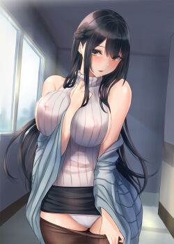 1girl black_hair black_pantyhose black_skirt blue_shawl blush braid breasts brown_eyes clothes_pull commentary_request covered_erect_nipples hallway highres large_breasts long_hair looking_at_viewer miniskirt nyanko_kaitou open_mouth original panties pantyhose pantyhose_pull ribbed_sweater self_exposure shawl skirt solo standing sweater turtleneck turtleneck_sweater underwear white_panties white_sweater window