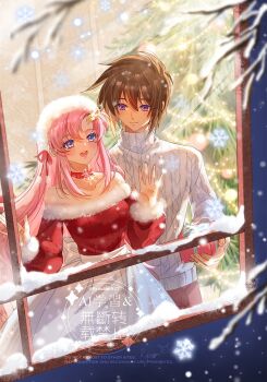 1boy 1girl artist_name bare_shoulders blue_eyes box breasts brown_hair choker christmas christmas_present christmas_tree closed_mouth couple dress fur-trimmed_dress fur_trim gift gift_box gundam gundam_seed hair_between_eyes hair_ornament hair_ribbon hairclip hetero highres holding holding_box holding_gift kira_yamato lacus_clyne long_hair looking_outside medium_breasts open_mouth parted_bangs pink_hair purple_eyes red_choker red_dress red_ribbon ribbon santa_costume santa_dress short_hair sidelocks smile snowflakes snowing sweater tsuna2727 turtleneck turtleneck_sweater twitter_username watermark white_sweater window