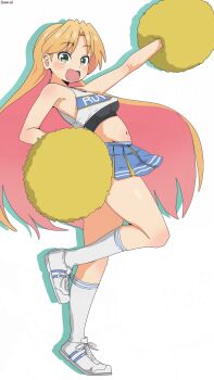 1girl alternate_costume bambi2000line blonde_hair blue_skirt blush braid cheerleader full_body green_eyes highres long_hair looking_at_viewer navel open_mouth pom_pom_(cheerleading) ruri_no_houseki shoes single_braid skirt socks solo standing stomach tanigawa_ruri white_background white_shoes white_socks