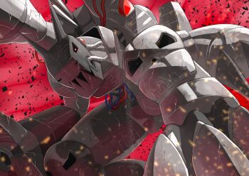 android armor artist_request cannon claws digimon digimon_(creature) fangs full_armor looking_at_viewer machine mecha mugendramon no_humans red_sky robot simple_background sky solo tail wire