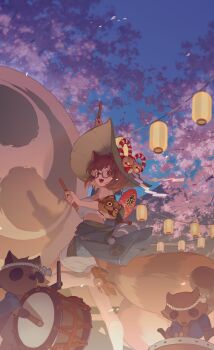 1girl :d absurdres animal_ears bell blue_shirt brown_eyes brown_hair cherry_blossoms chinese_commentary commentary drum drumsticks eyebrows_hidden_by_hair foot_out_of_frame futatsuiwa_mamizou geta glasses highres holding holding_drumsticks id_kun instrument jingle_bell kouhaku_nawa lantern leaf_hat long_sleeves looking_at_viewer looking_back mask music off_shoulder open_mouth paper_lantern playing_instrument raccoon_ears raccoon_girl raccoon_mask raccoon_tail red_footwear rope sarashi shide shimenawa shirt short_hair shorts smile solo taiko_drum tail tanuki touhou white_shorts wide_sleeves