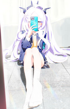 1girl absurdres ayane_(blue_archive) ayane_(blue_archive)_(cosplay) black_horns black_skirt blue_archive blue_jacket bm_tol cellphone closed_eyes commentary cosplay demon_girl demon_horns halo highres hina_(blue_archive) holding holding_phone horns jacket knees_up layered_sleeves long_hair long_sleeves miniskirt necktie outdoors phone plaid_clothes plaid_skirt purple_eyes selfie shirt sitting skirt smartphone socks solo sweater_vest white_hair white_shirt white_socks yellow_sweater_vest