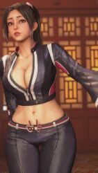 1girl 3d animated audible_speech black_gloves black_jacket black_pants breasts brown_hair cleavage collarbone fatal_fury fatal_fury:_city_of_the_wolves female_focus folding_fan game_screenshot gloves hand_fan highres holding holding_fan jacket japanese_audio large_breasts leather leather_gloves leather_jacket leather_pants long_hair midriff navel open_clothes open_jacket pants ponytail shiranui_mai snk solo sound street_fighter street_fighter_6 tight_clothes tight_pants video video_game_screencap wide_hips