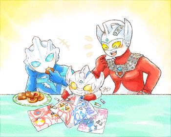 Rule 34 | +++, 3boys, ^ ^, aged down, alien, armor, blue eyes, blue gem, blue skin, blush, breastplate, child's drawing, closed eyes, closed mouth, color timer, colored skin, commentary, cookie, crayon, crayon drawing, dorsal fin, eating, facing another, father and son, food, food on face, forehead jewel, gem, gloves, glowing, glowing eyes, gradient background, green gem, hand on own hip, hand up, happy, holding, holding cookie, holding food, horns, looking at another, male focus, mitino78, multicolored skin, multiple boys, no pupils, notice lines, open mouth, pectorals, plate, red gloves, red skin, signature, silver skin, smile, table, teeth, tokusatsu, two-tone skin, ultra galaxy (series), ultra galaxy fight: the absolute conspiracy, ultra series, ultraman taiga, ultraman taiga (series), ultraman tarou, ultraman tarou (series), ultraman tregear, ultraman tregear early style, upper teeth only, yellow background