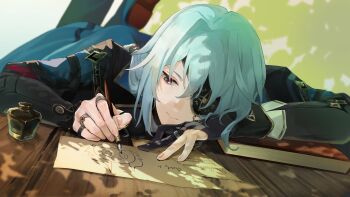 1boy absurdres anaxa_(honkai:_star_rail) aqua_hair black_jacket blue_eyes chain closed_mouth commentary eyepatch hair_between_eyes hair_intakes highres holding holding_pen honkai:_star_rail honkai_(series) jacket lapels looking_down male_focus mandarin_collar medium_hair notched_lapels ntmg_n one_eye_covered pen pink_pupils shirt side_ponytail solo symbol-only_commentary table white_shirt