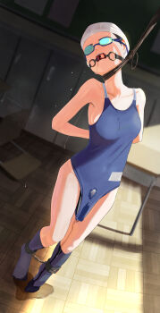 1girl absurdres ball_gag bdsm black_hair blue_one-piece_swimsuit bondage bound bound_ankles bound_arms breasts classroom commentary_request cuffs dildo dildo_under_clothes gag gagged goggles hanged highres indoors long_hair new_school_swimsuit object_insertion one-piece_swimsuit original po-i-mu pussy_juice pussy_juice_puddle restrained school_swimsuit sex_toy small_breasts socks solo swim_cap swim_goggles swimsuit vaginal vaginal_object_insertion wiffle_gag