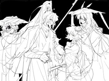 1girl 3boys animal_ears braid chinese_clothes closed_mouth coat coat_on_shoulders family_hierarch_candidate_(identity)_(project_moon) frilled_sleeves frills gregor_(project_moon) greyscale hand_up hanfu hat heishou_pack-si_branch_(identity)_(project_moon) high_ponytail highres hong_lu_(project_moon) horse_ears ishmael_(project_moon) jingasa jingshenhuanghu limbus_company long_hair long_sleeves looking_at_viewer low_twin_braids monochrome multiple_boys ponytail project_moon scarf twin_braids very_long_hair wide_sleeves wu_bra yi_sang_(project_moon)
