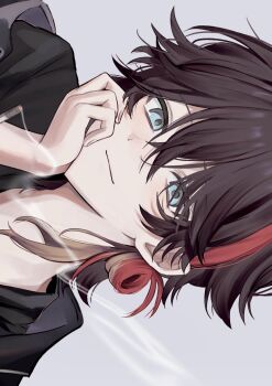 Rule 34 | 1boy, alternate costume, black shirt, blue eyes, brown hair, cigarette, closed mouth, grey background, hair between eyes, hair bun, head rest, highres, male focus, medium hair, multicolored hair, nijisanji, portrait, saegusa akina, shirt, sideways, simple background, sinoda1440, smile, smoke, smoke trail, smoking, solo, streaked hair, virtual youtuber