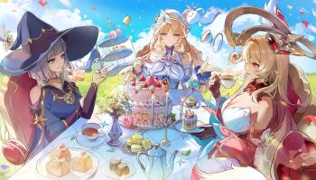 >_< 3girls absurdres alice_(genshin_impact) barbeloth_(genshin_impact) bare_shoulders blonde_hair blue_eyes blue_hat blue_nails blue_sky breasts brown_gloves cake candelabra candle candlestand cleavage closed_mouth clothing_cutout commentary cup datsha day detached_sleeves dodoco_(genshin_impact) drinking_glass english_commentary fingernails food food_request fruit genshin_impact gloves grey_hair hand_up hands_up hat highres holding holding_cup holding_plate large_breasts long_hair long_sleeves macaron multiple_girls nail_polish nicole_(genshin_impact) outdoors plate pyro_symbol_(genshin_impact) red_sleeves rhinedottir_(genshin_impact) saucer second-party_source shoulder_cutout sitting sky smile strapless strawberry teacup teapot tiered_tray vase very_long_hair vision_(genshin_impact) witch_hat