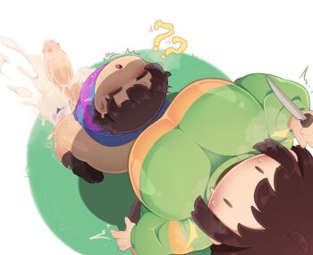 1boy 1girl :o ? ?? age_difference blush bottomless brown_hair chara_(undertale) clothed_sex cum cum_on_body cum_on_penis embarrassed frisk_(undertale) holding holding_knife holding_weapon huge_penis huge_testicles knife open_mouth partially_undressed penis shinolara short_hair size_difference sweat testicles undertale utdr_(toby_fox) weapon