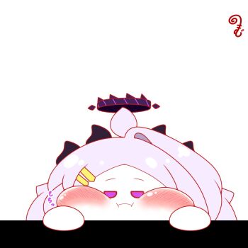 Rule 34 | :i, blue archive, blush, chibi, closed mouth, commentary request, forehead, grey hair, hair ornament, hairclip, halo, hands up, highres, hina (blue archive), horns, kurukurumagical, long hair, looking at viewer, parted bangs, puffy cheeks, purple eyes, simple background, single hair intake, upper body, white background