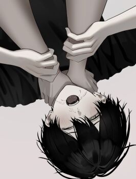 1boy 1girl absurdres akanei6no_sora asphyxiation black_hair black_shirt blush commentary earrings femdom foreshortening grey_background hair_between_eyes half-closed_eye hands_on_another's_wrists heart heart-shaped_pupils highres jewelry male_focus one_eye_closed open_mouth original perspective reverse_ryona runny_nose saliva shirt short_hair simple_background snot strangling stud_earrings symbol-shaped_pupils tearing_up tears upside-down