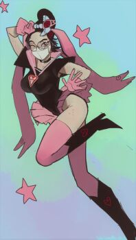 1girl absurdres artist_self-insert beanie black_boots black_choker black_hair black_leotard body_freckles boots breasts choker freckles genderswap genderswap_(mtf) glasses gloves gradient_background grey_eyes hand_up hat highres large_breasts leotard looking_at_viewer mask mole mole_under_eye mossacannibalis mouth_mask one_eye_closed original pink_gloves pink_thighhighs round_eyewear solo standing standing_on_one_leg thighhighs