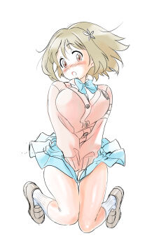 1girl :o blue_bow blue_bowtie blue_skirt blush bow bowtie brown_hair brown_shoes buttons cardigan commentary_request hair_ornament highres idolmaster idolmaster_cinderella_girls knees_together_feet_apart medium_hair mimura_kanako open_mouth pink_cardigan pleated_skirt ribbed_socks shiny_skin shoes simple_background skirt skirt_tug socks solo u4_99384295 white_background white_socks wind wind_lift