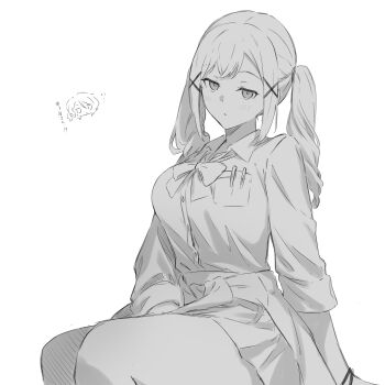 2girls bang_dream! blush bow bowtie breast_pocket closed_mouth dress_shirt gyaru hair_ornament highres hikawa_sayo ichigaya_arisa kanade_(kanade_3344) long_hair looking_at_viewer multiple_girls pleated_skirt pocket shirt sidelocks simple_background sitting skirt translated twintails white_background x_hair_ornament