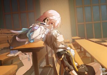 2girls absurdres black_gloves black_jacket black_skirt blue_eyes blue_skirt buttons classroom closed_eyes closed_mouth commentary dated english_commentary expressionless frilled_thigh_strap from_side gloves grey_hair hand_up highres honkai:_star_rail honkai_(series) indoors jacket leaning_back lecture long_hair long_sleeves long_table looking_at_another march_7th_(honkai:_star_rail) march_7th_(preservation)_(honkai:_star_rail) miniskirt multicolored_eyes multiple_girls on_bench open_clothes open_jacket parted_lips partially_fingerless_gloves pink_hair pleated_skirt profile purple_eyes shirt short_hair signature skirt sleeping stelle_(honkai:_star_rail) table thigh_strap trailblazer_(honkai:_star_rail) tucking_hair two-tone_eyes u_u white_shirt xan_yu yuri