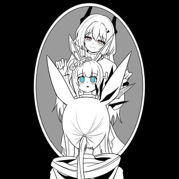 2girls absurdres amiya_(arknights) animal_ear_fluff animal_ears arknights black_background blue_eyes choebal1356201 civilight_eterna demon_horns different_reflection dress flower_wreath greyscale hashtag-only_commentary highres hood hood_down horns jacket long_hair long_sleeves looking_at_another looking_at_mirror looking_down mirror monochrome multiple_girls ponytail rabbit_ears rabbit_girl red_eyes reflection smile spot_color theresa_(arknights) turtleneck turtleneck_dress very_long_hair