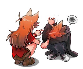 Rule 34 | 1boy, 1girl, animification, black coat, black pants, blush, bracelet, brown hair, brown shoes, brown shorts, buwangchuxingaoyixin, chinese commentary, coat, commentary request, dual persona, eddsworld, embarrassed, from behind, genderswap, genderswap (mtf), hair bobbles, hair ears, hair ornament, jewelry, long hair, long sleeves, official alternate costume, pants, poking, red shirt, shirt, shoes, short hair, shorts, simple background, sneakers, spoken squiggle, squatting, squiggle, tord (eddsworld), tori (eddsworld), trench coat, variant set, white background