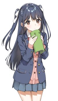 1girl absurdres black_hair black_jacket blazer brown_eyes cardigan commentary_request cowboy_shot grey_skirt hair_ribbon highres holding holding_notebook irido_yume jacket long_hair long_sleeves looking_at_viewer mamahaha_no_tsurego_ga_moto_kano_datta notebook open_clothes open_jacket pink_cardigan pleated_skirt ribbon school_uniform simple_background skirt solo takayaki two_side_up white_background white_ribbon